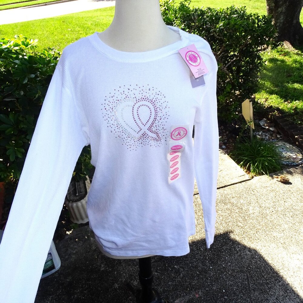 White Thermal Breast Cancer Awareness Long Sleeve Top 2X NWT